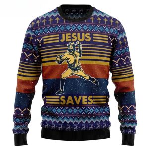 Baseball Jesus Save Ugly Christmas Sweater