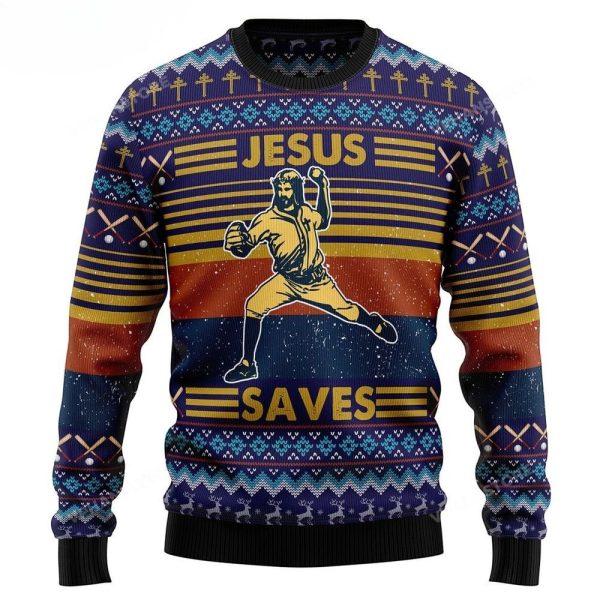 Baseball Jesus Save Ugly Christmas Sweater