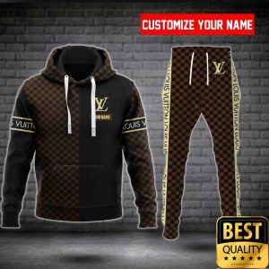 Customized Luxury Louis Vuitton Dark Brown and Black Name Strip 3D Shirt and Pants 1