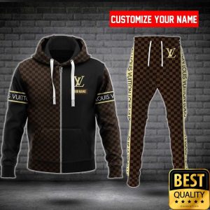 Customized Luxury Louis Vuitton Dark Brown And Black Name Strip 3D Shirt And Pants 082