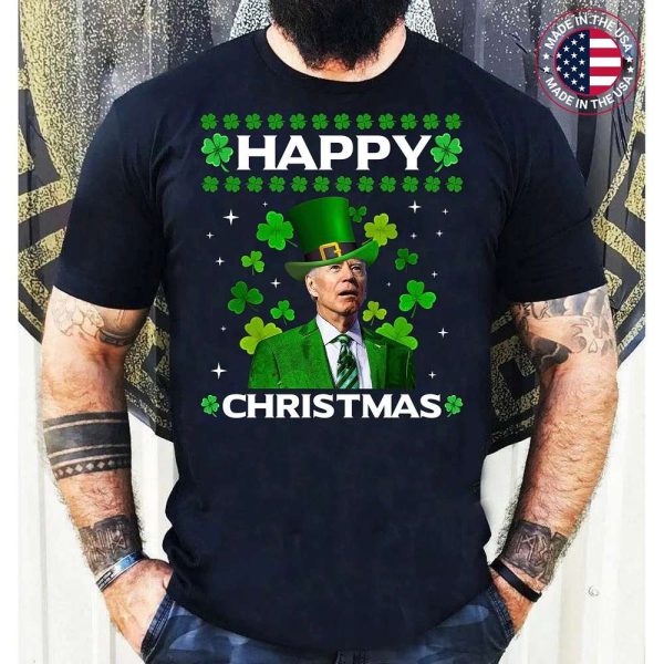 Funny Joe Biden Happy Christmas Confused St Patricks Day Shamrock T-Shirt