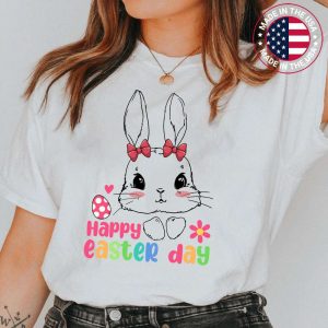 Happy Easter Day Cute Bunny Face Rabbit Bow tie Girls Womens T-Shirt