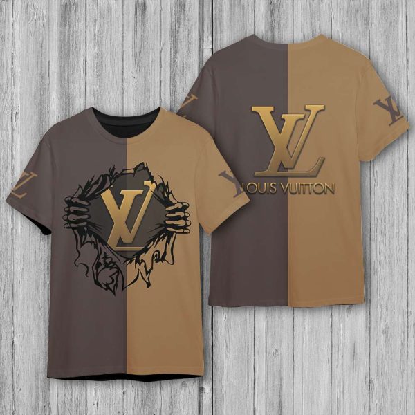 LV Grey Mix Brown Luxury Brand 3D T-Shirt 068