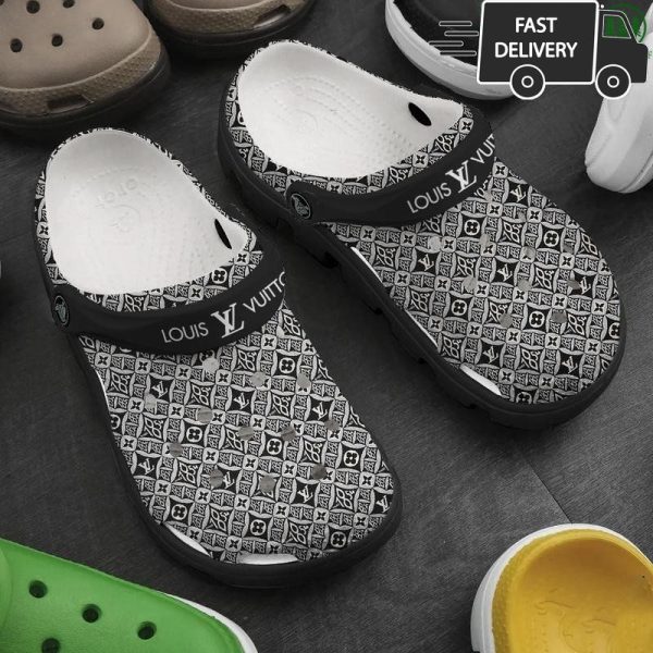 Limited LV Louis Vuitton Retro Black White Monogram Crocs 016