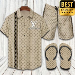 Louis Vuitton Beige Tripe Combo Flip Flops Hawaiian Shirt And Shorts 003