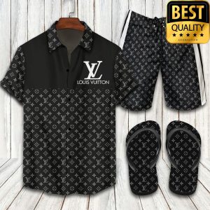 Louis Vuitton Black Combo Flip Flops Hawaiian Shirt And Shorts 004