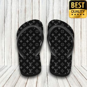 Louis Vuitton Black Combo Flip Flops Hawaiian Shirt And Shorts 004 4