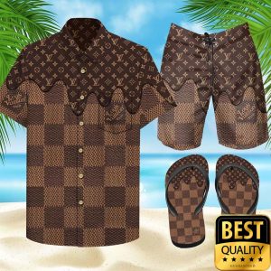 Louis Vuitton Brown Checkered Flip Flops Hawaiian Shirt And Shorts 010