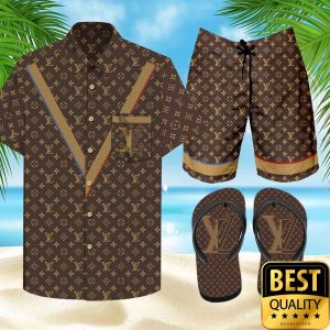 Louis Vuitton Brown Monogram Black Flip Flops Hawaiian Shirt Shorts 012