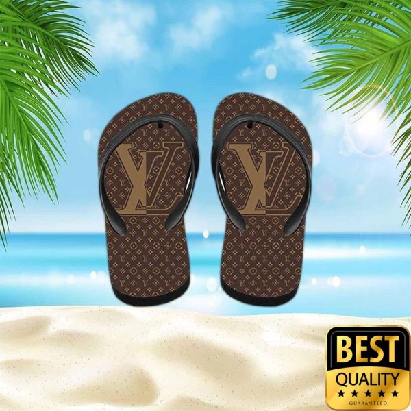 Louis Vuitton Brown Monogram Black Flip Flops Hawaiian Shirt Shorts 012