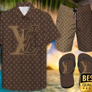 Louis Vuitton Brown Tones Flip Flops Hawaiian Shirt And Shorts 011