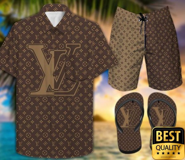 Louis Vuitton Brown Tones Flip Flops Hawaiian Shirt And Shorts 011