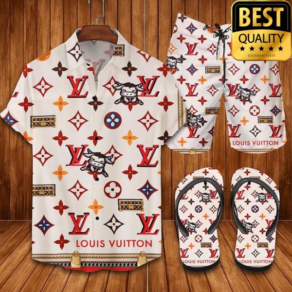 Louis Vuitton Buffalo White Flip Flops And Combo Hawaii Shirt Shorts 013