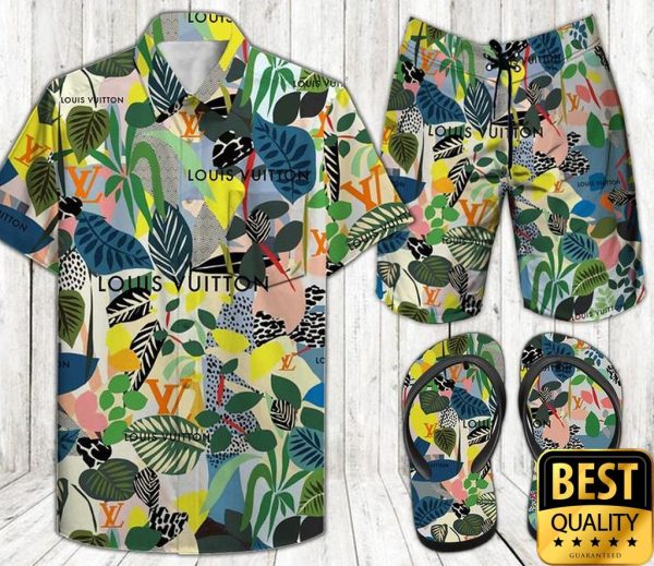 Louis Vuitton Colorful Leaf Flip Flops Hawaiian Shirt And Shorts 017