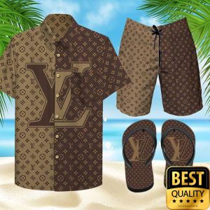 Louis Vuitton Dark Light Brown Logo Flip Flops Hawaiian Shirt Shorts 021 1