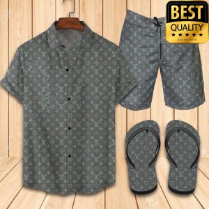 Louis Vuitton Grey Flip Flops And Combo Hawaii Shirt Shorts 029