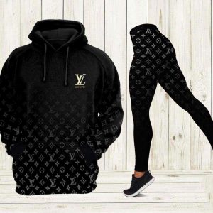 Louis Vuitton Luxury Brand Black Gradient 3D Hoodie Leggings Set 089