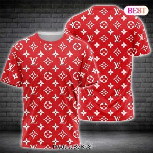 Louis Vuitton Luxury Brand Full Red Color Full Printing 3D T-Shirt 075