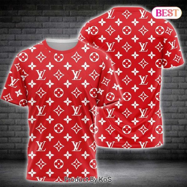 LV Luxury Brand Full Red Color Full Printing 3D T-Shirt 075