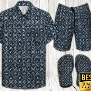 Louis Vuitton Pattern Dark Blue Flip Flops Hawaiian Shirt And Shorts 046