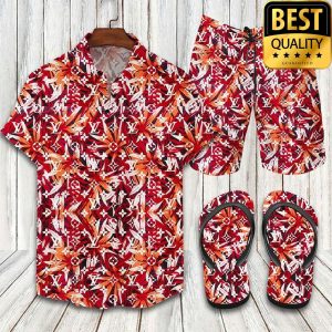 Louis Vuitton Red Floral Flip Flops And Combo Hawaii Shirt Shorts 050 1