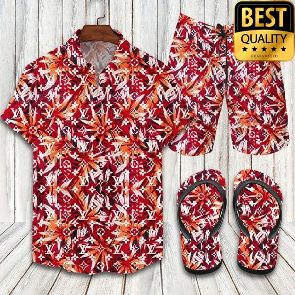 Louis Vuitton Red Floral Flip Flops And Combo Hawaii Shirt Shorts 050