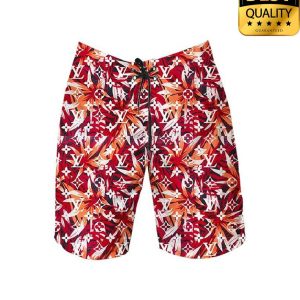 Louis Vuitton Red Floral Flip Flops And Combo Hawaii Shirt Shorts 050 3