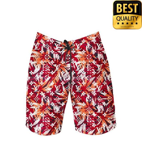 Louis Vuitton Red Floral Flip Flops And Combo Hawaii Shirt Shorts 050