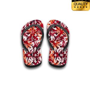 Louis Vuitton Red Floral Flip Flops And Combo Hawaii Shirt Shorts 050 4