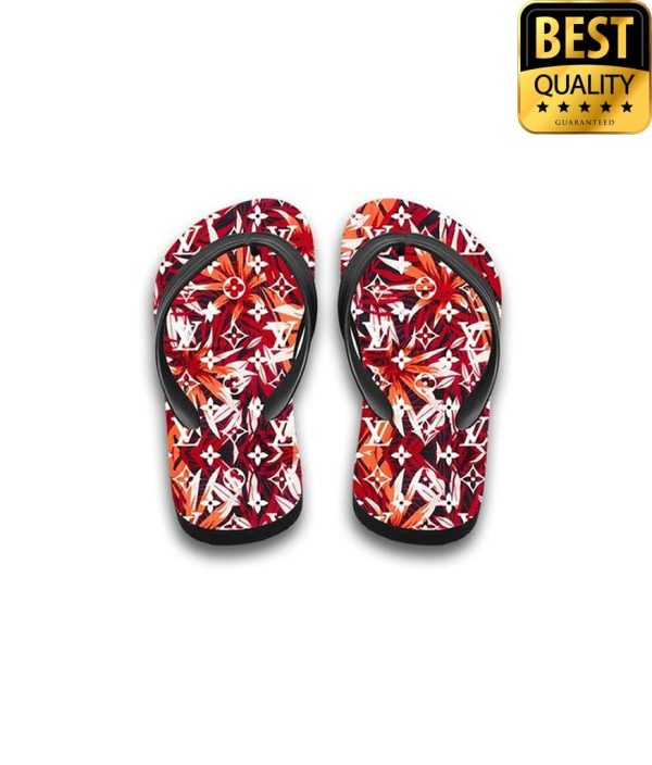 Louis Vuitton Red Floral Flip Flops And Combo Hawaii Shirt Shorts 050