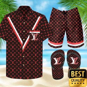 Louis Vuitton Red Monogram Black Flip Flops Hawaiian Shirt Shorts 051