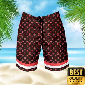 Louis Vuitton Red Monogram Black Flip Flops Hawaiian Shirt Shorts 051 3