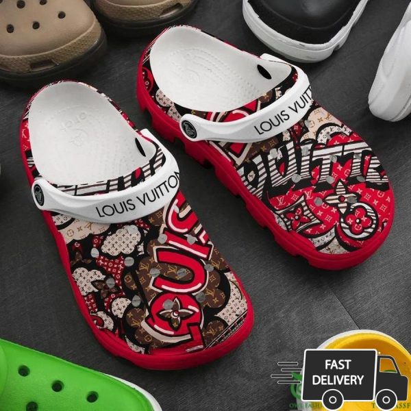 Louis Vuitton Red Pattern Brown Crocs 030