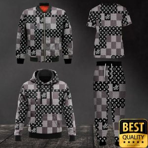 Luxury Louis Vuitton Black White Gray with Checkered Patten 3D Shirt and Pants 1