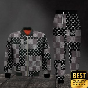 Luxury Louis Vuitton Black White Gray with Checkered Patten 3D Shirt and Pants 2