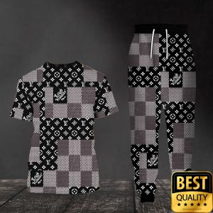 Luxury Louis Vuitton Black White Gray with Checkered Patten 3D Shirt and Pants 4