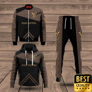 Luxury Louis Vuitton Black and Brown Lines Pattern Name Center 3D Shirt and Pants 1