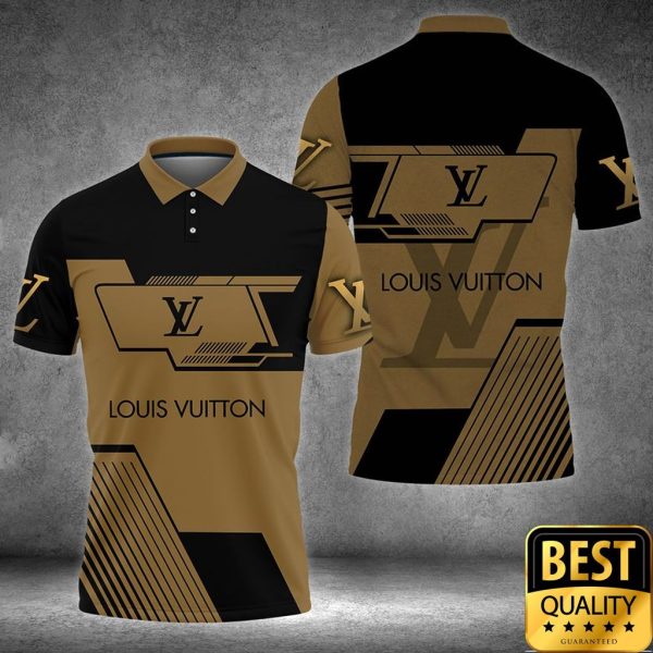 Luxury Louis Vuitton Black And Light Brown With Brand Name On Sleeves 3D Shirt 136