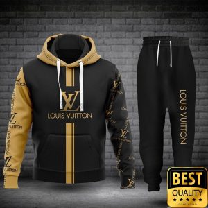 Luxury Louis Vuitton Black and Yellow with Brand Name Logo Center 3D Shirt and Pants 1