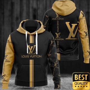 Luxury Louis Vuitton Black and Yellow with Brand Name Logo Center 3D Shirt and Pants 3