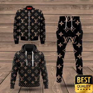 Luxury Louis Vuitton Black with Light Brown Monogram Canvas Pattern 3D Shirt and Pants 1
