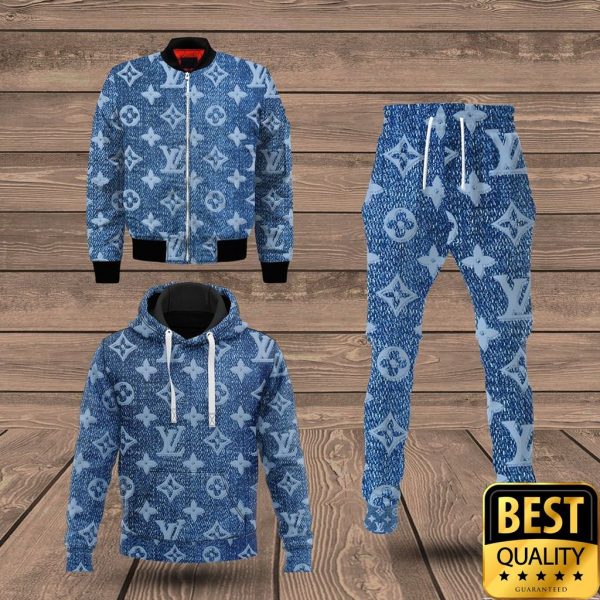 Luxury Louis Vuitton Blue With Monogram Denim Pattern Logo 3D Shirt And Pants 148