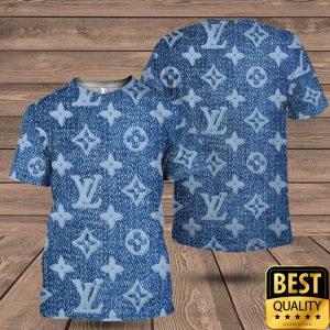 Luxury Louis Vuitton Blue with Monogram Denim Pattern Logo 3D Shirt and Pants 4