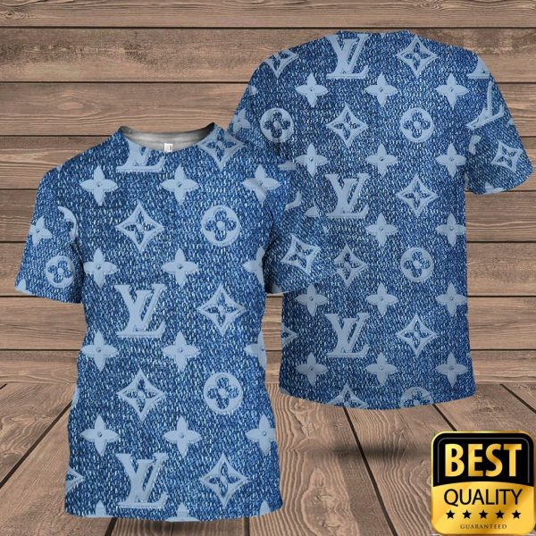 Luxury Louis Vuitton Blue With Monogram Denim Pattern Logo 3D Shirt And Pants 148