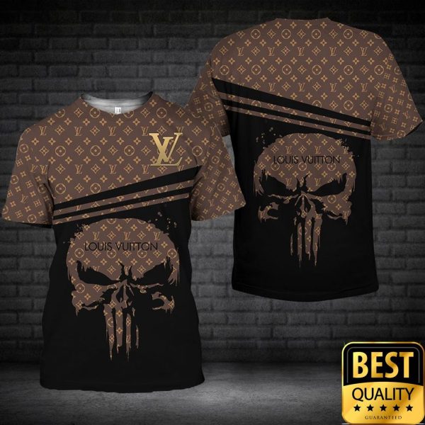 Luxury Louis Vuitton Brown With Monogram Skull Pattern And Name On Sleeve 3D Shirt 155