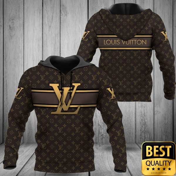 Luxury Louis Vuitton Dark Brown Monogram Canvas With Big Gold Logo In Center 3D Shirt 160