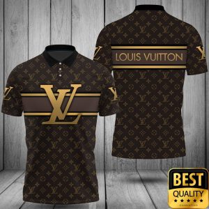 Luxury Louis Vuitton Dark Brown Monogram Canvas with Big Gold Logo in Center 3D Shirt 4