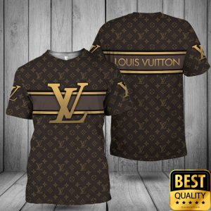 Luxury Louis Vuitton Dark Brown Monogram Canvas with Big Gold Logo in Center 3D Shirt 5