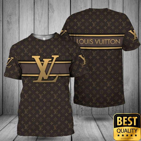 Luxury Louis Vuitton Dark Brown Monogram Canvas With Big Gold Logo In Center 3D Shirt 160