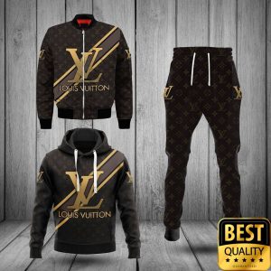 Luxury Louis Vuitton Dark Brown with Gold Diagonal Lines 3D Shirt and Pants 1
